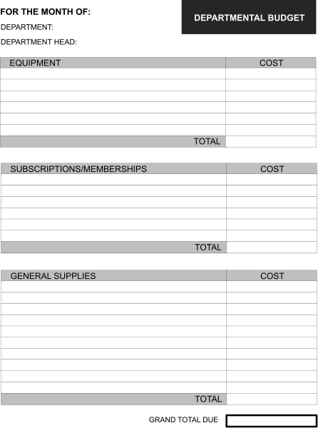 The image shows a black and white document with text that reads "DEPARTMENT BUDGET" at top left corner followed by lines for equipment costs, memberships costing $10 each, supplies totaled to 25, subscriptions listed as free of charge, general supplies priced individually. It is presented in portrait orientation on a computer screen or monitor with the background being gray and indistinct. The document appears to be an invoice for various items related to departmental expenses such as equipment costs, memberships fees, subscription charges, and supply prices.