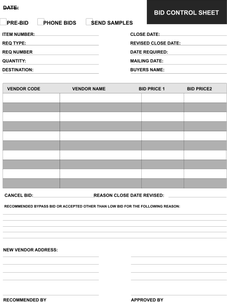 The image shows a black and white spreadsheet with columns labeled "Vendor Code," "Name of Vendor," "Price 1" and other similar headings for additional prices in rows below them. There is also text at top left that reads, "BID CONTROL SHEET." Each row has the vendor code followed by a name under it, with multiple price columns to its right. The spreadsheet appears to be used as an inventory or pricing list of some sort for vendors and their associated prices in different quantities or categories.