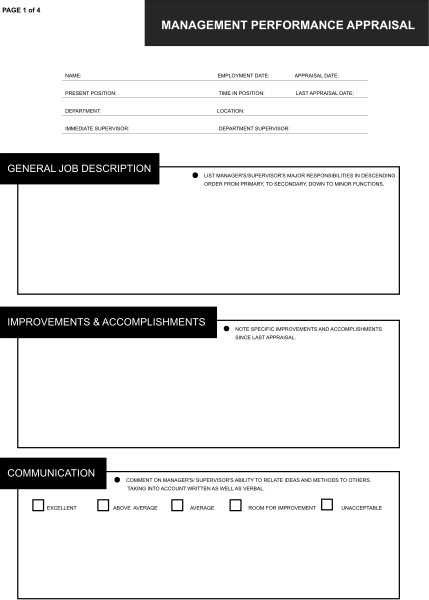 The image shows a black and white document with three sections: "Management Performance Appraisal," which includes fields for general job description, improvements needed to be accomplished, communication effectiveness; an empty section titled "Improvements is a commitment"; and another blank space labeled "Communication."