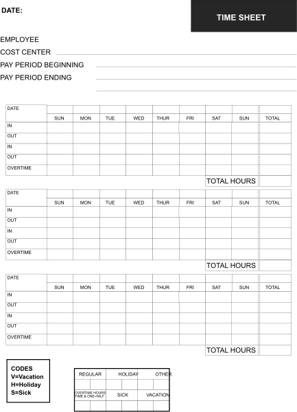 The black and white photo shows a time sheet with columns for date, start time, end time, total hours worked, notes on work done during breaks (breakfast, lunch), days off marked in red, holidays circled, weekends highlighted by shading, and an overall summary of the number of working weeks.