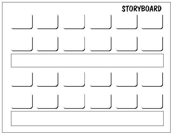 The image shows a blackboard with white text that reads "STORYBOARD" at top left corner, followed by several blank rectangles labeled as 'Scene 1', 'Scene 2' etc., indicating different scenes in a storyline; it is set against an off-white background and appears to be designed for brainstorming or planning out the structure of a narrative. The style suggests that this image might have been created using clip art elements, possibly with educational purposes such as teaching children how stories are structured into separate sections like introduction, conflict, resolution etc., but without any additional context
