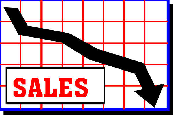 The image shows a graph with an arrow pointing downward labeled "sales," indicating that sales have decreased over time.