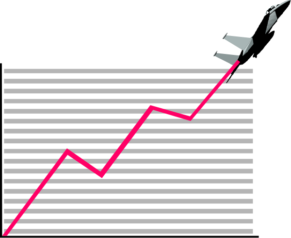 The image shows a graph with an upward trending line on it against a black background, indicating growth over time; there is also what appears to be a small bird flying above the graph in mid-flight.