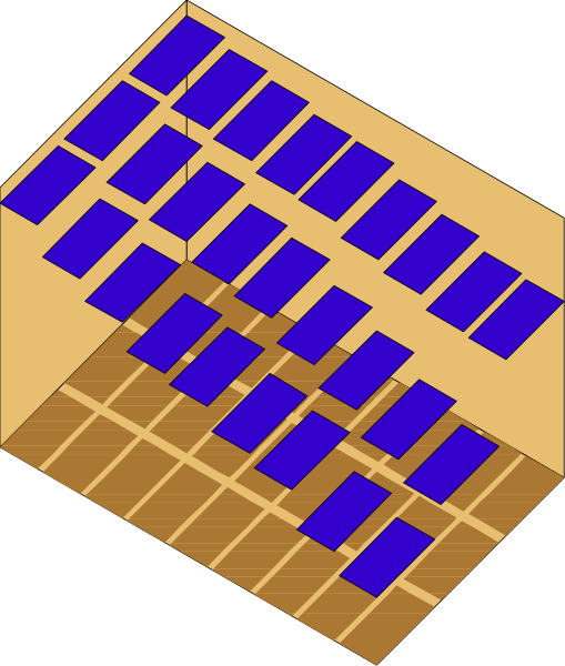 The image shows a solar panel array with blue panels arranged on top of each other to form an L shape against a dark background.