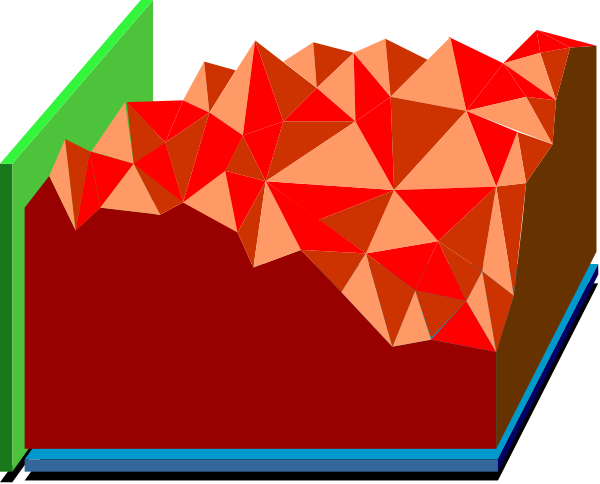 The image shows a digital illustration of an abstract geometric shape with red triangles on top against a blue background, resembling some kind of stylized terrain map.