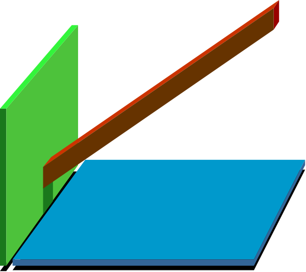 The image shows a simple geometric representation of an optical illusion with two parallel lines that appear to be converging towards each other due to perspective distortion in front of them; there is also what appears to be a blue surface and some red shapes, possibly representing objects or elements within this visual trickery.