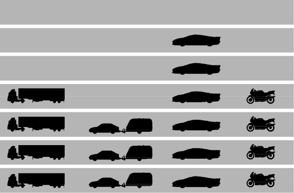 The black and white illustration shows a sequence of vehicles on an unnumbered road: cars, trucks, motorcycles, boats, trains, buses, airplanes, bicycles, horses, people walking, birds flying, ships sailing, submarines submerged in water, space shuttles launching into orbit.