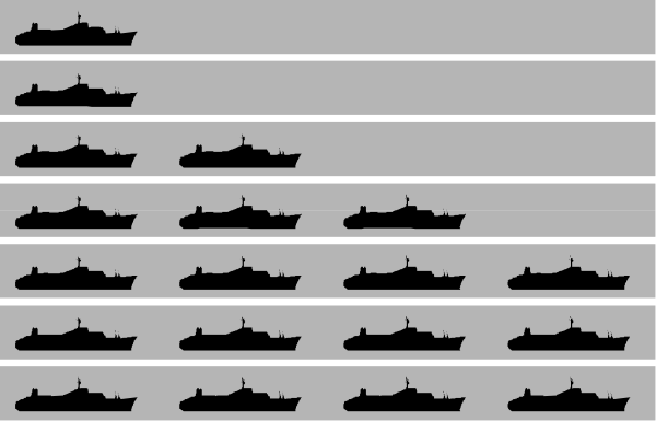 The image shows a row of boats on water with no visible textures or details that indicate any particular type of boat or activity taking place beyond their arrangement in rows across what appears to be calm waters.