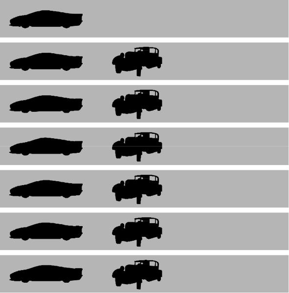 The image shows a chart with six rows of cars on it; each row has two identical vehicles side by side against different backgrounds ranging from black to white in color intensity.