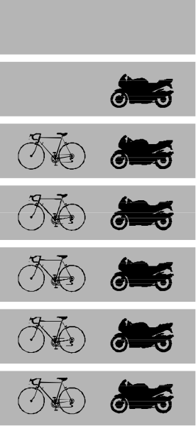 The image shows a sequence of six black silhouettes representing different types of motorcycles: 1) a standard bike with two wheels; 2) an off-road dirtbike; 3) a sporty racing motorcycle; 4) another type of motorcycle, possibly cruiser or touring; 5) a three wheeled trikele; and finally, 6) what appears to be a sidecar attached to the back end of one bike. The background is plain white with no additional context provided about setting or people present in this image. There are