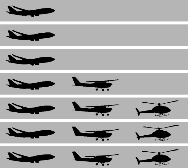 The image shows a collection of nine airplanes depicted as silhouettes against different backgrounds: four on an airport runway with one helicopter in front; three more planes parked at gates under various weather conditions, and two additional aircraft flying above them.