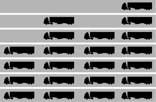 The image shows a black and white pattern of train tracks with multiple trains on them arranged vertically downwards from top to bottom in descending order of size.