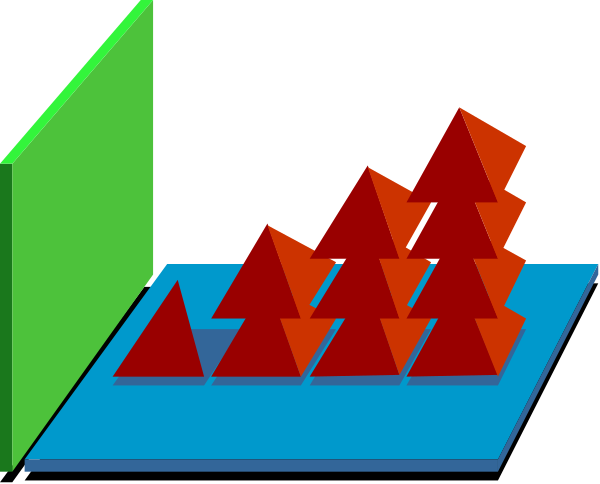 The image shows a simple digital illustration of an abstract landscape with geometric shapes representing trees on top left corner against blue background; in center right there is red shape resembling water surface below green rectangle that could be interpreted as land, and at bottom left it appears to depict mountains or hills under the sky.