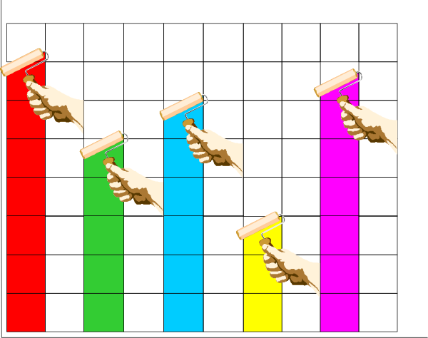 The image shows a sequence of six colorful blocks with hands pointing at them from left to right against a black background.