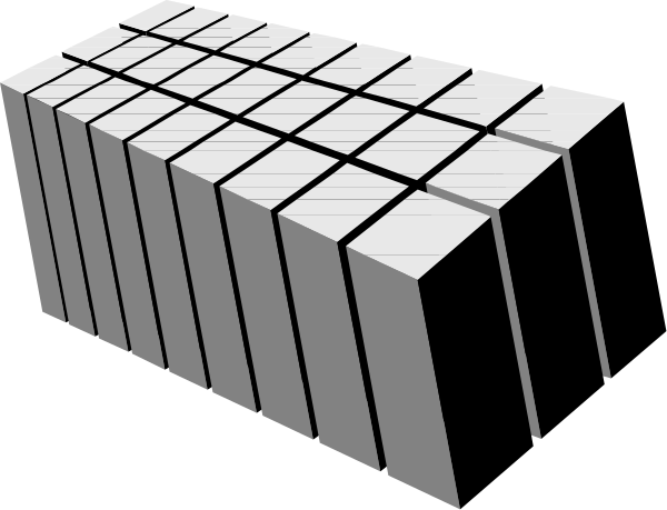The image shows a black and white pixelated representation of an abstract structure composed of numerous rectangular blocks with varying shades of gray on top of each other against a dark background.