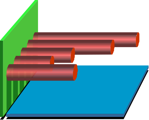 The image shows a computer graphic of an optical illusion with red lines creating depth perception against blue backgrounds on either side; it's set in what appears to be a 3D space within two rectangular frames, one green and one black. There is no text or human activity depicted herein. It seems like the focus is solely on visual trickery through color contrast and perspective manipulation. The image does not contain any objects other than those created by this illusionistic setup; there are also no people, animals, actions, or specific settings visible in it.