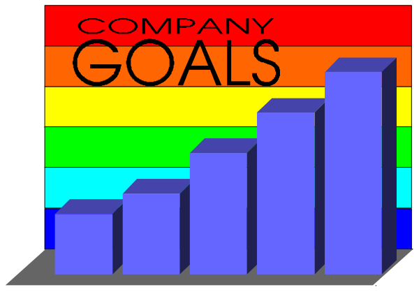 The image shows a colorful bar graph with text that reads "COMPANY GOALS" at its top right corner against an abstract background featuring rainbow stripes of varying widths in shades of blue, red and yellow.