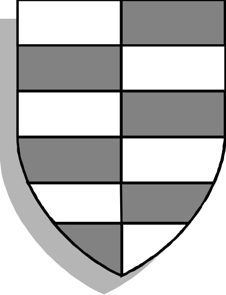 The image shows a shield with four quadrants: two black squares on top left and right corners; bottom half is divided into white stripes from center to edges of each quadrant.