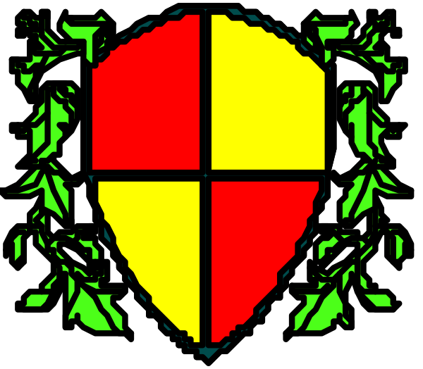 The image shows a shield with four quadrants: red on top left, yellow at bottom right, green above it to its left, and blue below that in the center of each quadrant is an emblem resembling a cross-like shape within another square or rectangle.