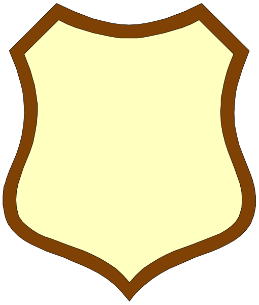 The image shows a shield with an emblem on it against a brown background.