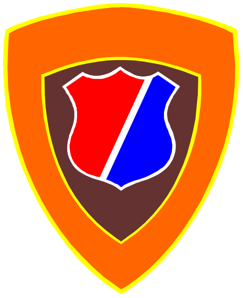 The image shows a shield with an emblem inside it featuring two crossed swords forming a circle around them; above this symbol is another smaller circular design containing three stars in red, white, and blue arranged vertically on top of each other.