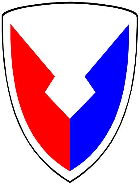 The image shows a shield with red on top half and blue bottom half divided by white stripe down middle of each section; it has an emblem in center that resembles two crossed swords forming a V shape, colored black against both backgrounds.