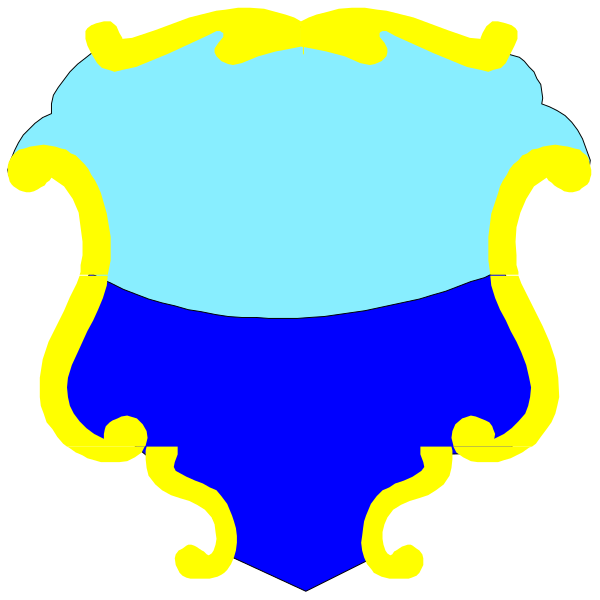 The image shows a stylized coat of arms with two shields: on top is blue with white trim around it; below that is yellow with black detailing inside each quadrant.