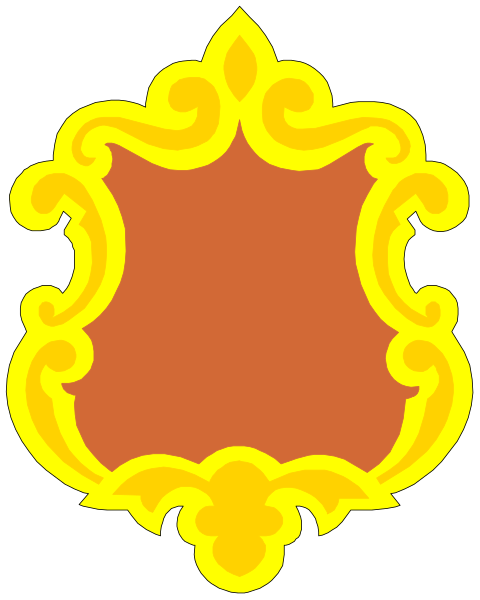 The image shows a stylized coat of arms with an orange shield on top of two crossed swords within a gold border featuring intricate designs; above this is a crown-like emblem atop a banner, all set against a dark background.