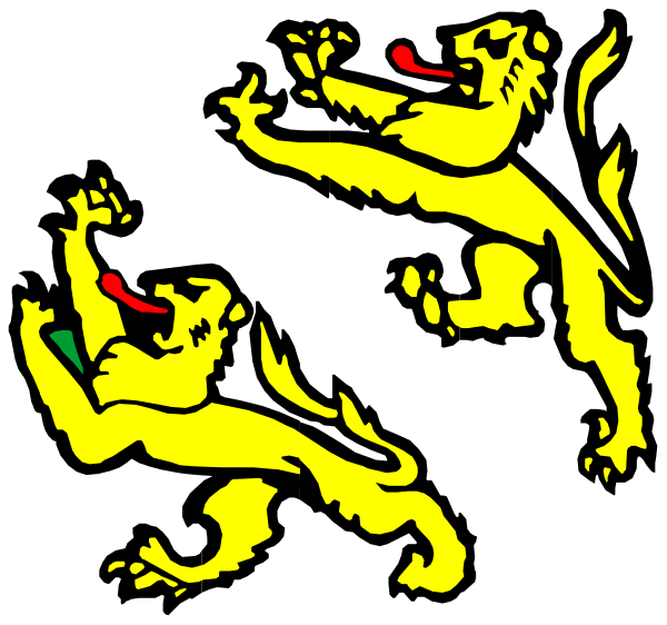 The image shows two lions with their mouths open as if roaring on a black background within what appears to be an emblematic design featuring heraldic elements such as crowns atop each lion's head and possibly other decorative motifs around them, all rendered in yellow against the dark backdrop.