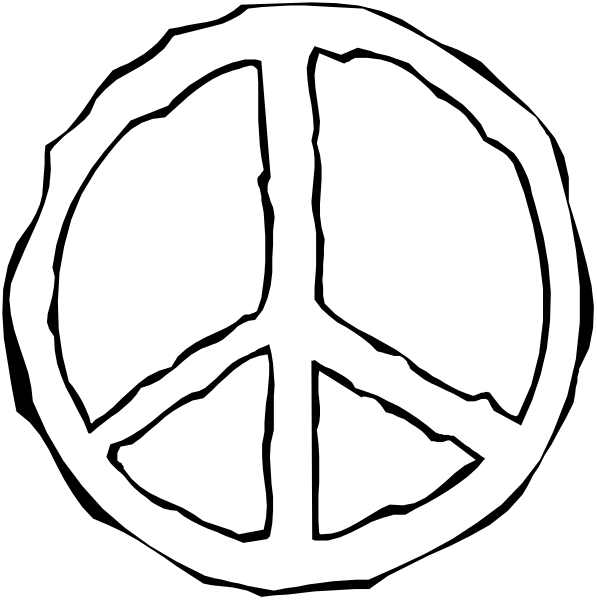 The black and white images show a peace sign on top of another with two different designs: 1) A simple outline drawing; 2) An image that appears to be made from broken glass pieces forming an abstract design around it, giving it texture like shards or fragments. Both are centered within their respective squares against contrasting backgrounds—one black and one white. The peace sign is the central focus of both images with a clear outline drawing in the top square and textured appearance resembling broken glass pieces forming an abstract design around it, giving it texture like shards or fragments
