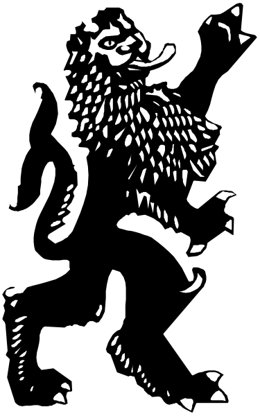 The black and white illustration features a cartoon lion standing upright on its hind legs with an exaggeratedly large head in profile view against a striped background that resembles fabric texture.