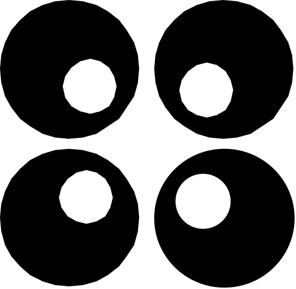 The image shows a black background with four white circles arranged diagonally from top left to bottom right.