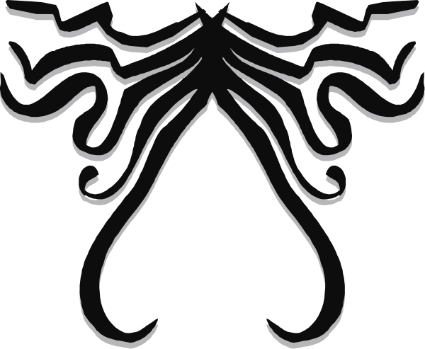 The black and white illustration shows a stylized design that resembles an abstract bird with outstretched wings on either side of its body.