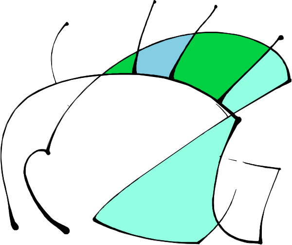 The image shows a black and white abstract design with various shapes that resemble stylized representations of hands reaching out towards each other in an open space.