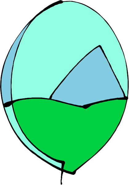 The image shows a stylized hot air balloon with an abstract design of blue shapes against a white background on top left corner.