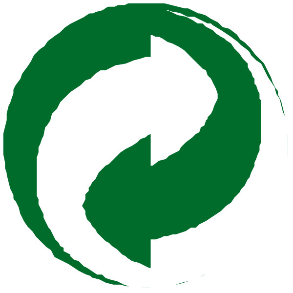 The image shows a logo with two circular arrows forming an infinite loop around each other inside a larger circle that has three segments of green coloring at its top corners; in between these circles is another smaller white arrow pointing upwards, and there's text above this arrangement reading "RECYCLE."