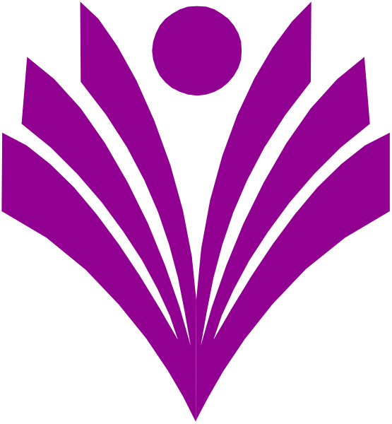 The image shows a purple abstract design with geometric shapes resembling leaves on either side of what appears to be an emblem in between them; there is no text present within this clip-art graphic.