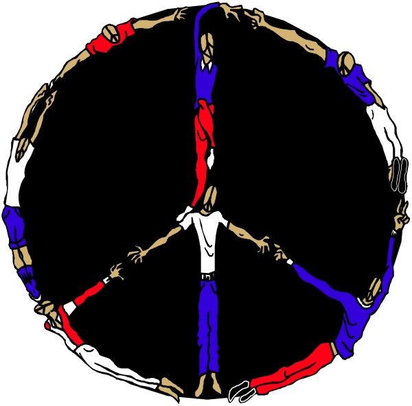 The image shows a peace sign with hands forming it arranged around its center to form an interconnected circle of unity.