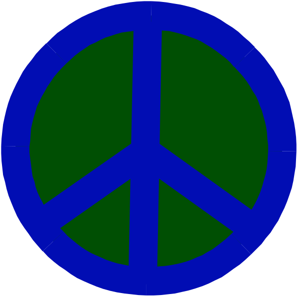 The image shows a peace sign with two green circles inside it on either side of an inner blue circle that forms the outline of the peace symbol itself.