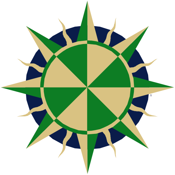 The image shows a stylized compass rose with eight cardinal directions marked by rays of light emanating from its center against a dark background.