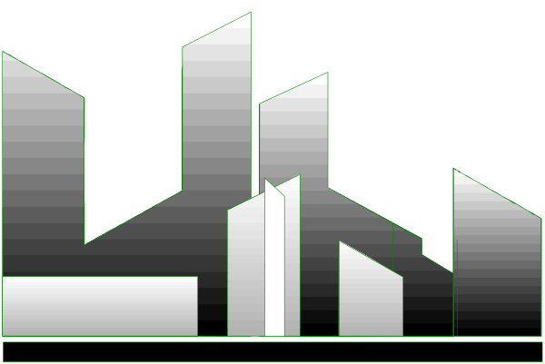The image shows a pixelated representation of an abstract cityscape with various geometric shapes forming buildings against a dark background.