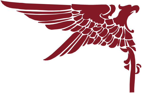 The image shows a red eagle with wings spread out on top of what appears to be an emblem featuring two crossed swords in front of it.