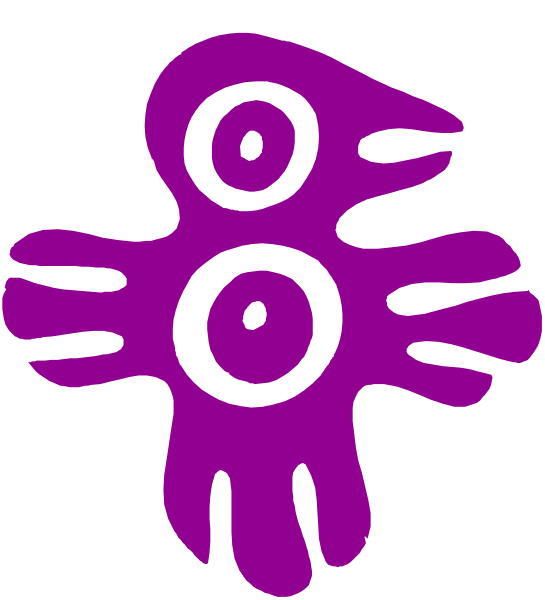 The image shows a purple octopus with two eyes on its head against a white background.