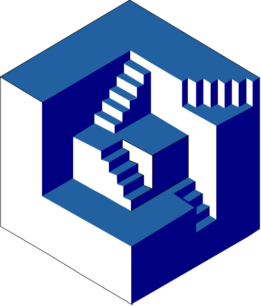 The image shows a stylized graphic of an abstract staircase within what appears to be a blue cube with white steps on its sides.