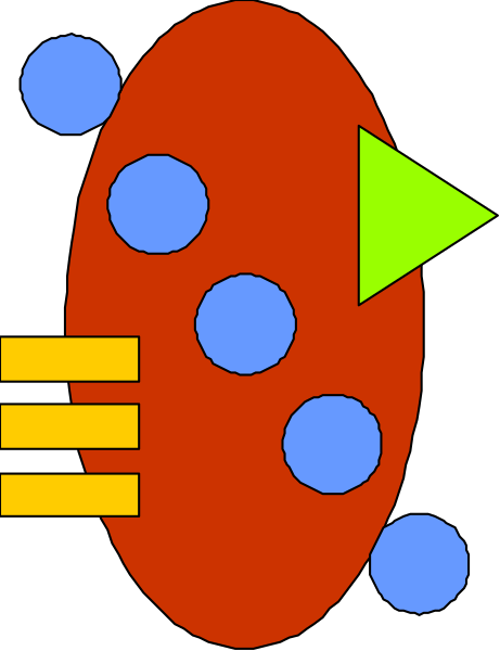 The image shows a stylized representation of an atom with blue dots representing electrons orbiting around it; there is also a green triangle on top right side that could be interpreted as a directional arrow, and below this symbol, three yellow bars in descending order from left to right.