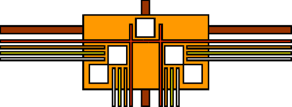 The image shows a pixelated representation of an orange object with multiple segments connected by lines against a gray background.