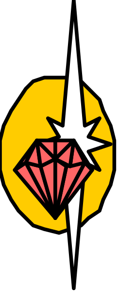 The image shows a closeup of an emblem with two crossed swords on either side of what appears to be a shield-like design in the center featuring a red gemstone surrounded by stars; there is no text present, and it's set against a dark background that transitions from black at top left corner to gray towards bottom right.