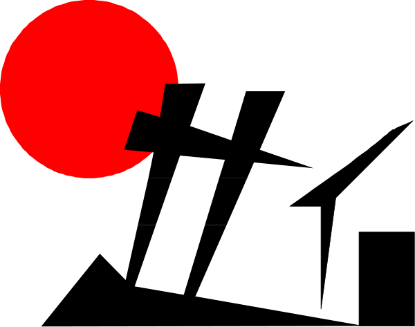 The image shows a simple graphic with two red circles on either side of what appears to be an abstract black shape resembling a stylized face in between them against a dark background.