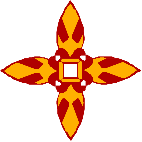 The image shows a stylized graphic of an abstract design with red and yellow elements that resemble petals forming a symmetrical pattern around what appears to be a central square shape in black coloring within it, suggesting some form of emblematic symbolism or decoration.