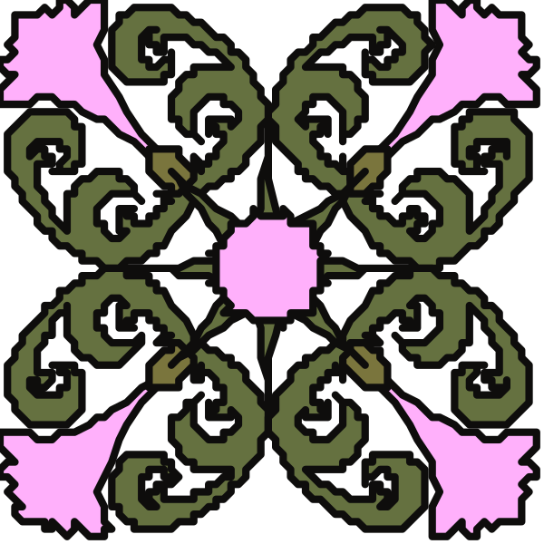 The image shows a decorative pattern with an intricate design featuring symmetrical shapes resembling leaves or flowers against a dark background.